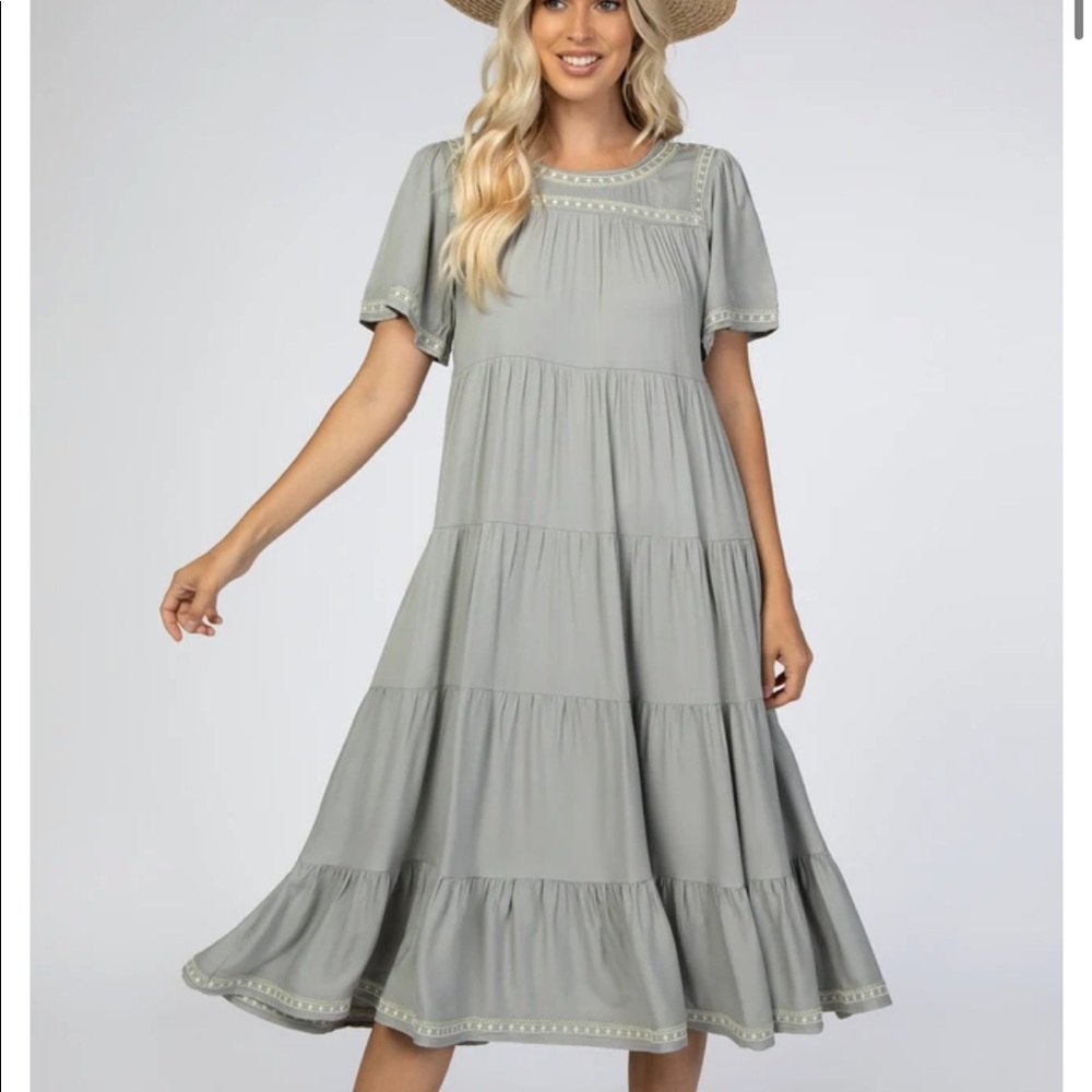 Light Olive Embroidered Tiered Maternity Midi Dress